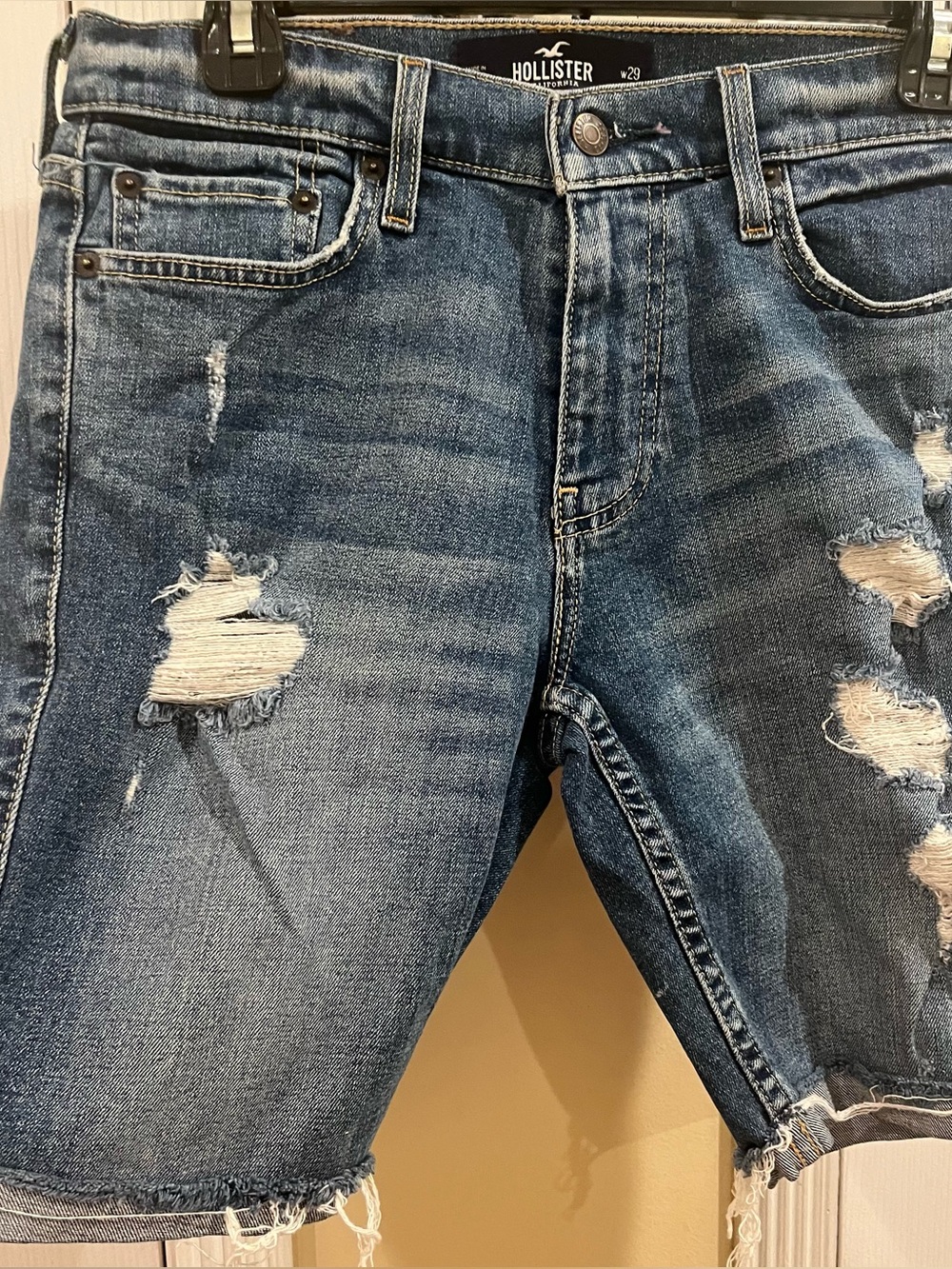 Hollister Distressed Dark Blue Relaxed Denim Shorts